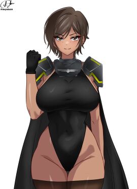 1girls artist_name aryuta10 big_breasts breasts brown_hair clothed_female cosplay dark-skinned_female dark_skin female gloves helldiver_(helldivers) helldivers leotard limbus_company outis_(limbus_company) project_moon smile solo solo_female thick_thighs thighs tomboy watermark white_background yellow_eyes