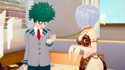 1girls 3d 3d_model 3d_render bare_arms bare_back bare_legs bare_midriff bare_shoulders bare_thighs bedroom bedroom_background bedroom_setting belly_button bikini bikini_top blush blushing_face books bra bracelet breasts brown_bikini brown_bikini_top brown_bra chain_leash chained_collar chained_up chains cleavage collar crossover crossover_cosplay curtains curtains_open eyes_covered face_freckles female freckles freckles_on_face gold_(metal) gold_bracelets gold_buttons gold_collar gold_jewelry golden_bracelets golden_collar green-haired_male green_hair grey_jacket izuku_midoriya leash leash_and_collar leash_pull leashed_collar light-skinned_female light_skin loincloth male may_the_4th_be_with_you medium_breasts meta2012 midoriya_izuku midriff my_hero_academia navel pussy pussy_peek red_loincloth red_tie reiko_yanagi short_hair sideass silver_hair slave slave_bikini slave_collar slave_girl slave_leia_(cosplay) slave_outfit star_wars straight thick_thighs white-haired_female white_hair white_shirt window