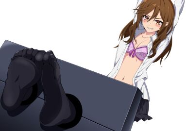 1girls arms_above_head arms_up bare_belly bare_chest bare_navel bare_skin belly belly_button black_skirt black_socks blush blush_lines blushing blushing_at_viewer blushing_female bondage bra breasts brown-eyed_female brown-haired_female brown_eyebrows brown_eyes brown_hair cleavage collarbone dot_nose elbows embarrassed embarrassed_female feet female female_focus female_only frown frown_eyebrows frowning full_body hair_between_eyes half_naked hands_above_head hands_up high_resolution highres hori_kyouko horimiya knee_socks kneehighs knees light-skinned_female light_skin long_hair looking_at_viewer navel oki_kuro open_clothes open_clothing open_shirt petite petite_body petite_breasts petite_female pink_bra pink_underwear shirt shoulders simple_background sitting skirt slender_body slender_waist slim_female slim_waist small_breasts socks soles solo student teenager thin_waist toes unbuttoned unbuttoned_shirt underboob underwear white_background white_shirt