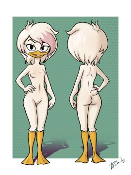 2020s 2024 21st_century anthro artist_signature back_view breasts commission duck_girl ducktales ducktales_(2017) durdevul female front_view furry green_background hand_on_hip highres jpeg lena_de_spell non-mammal_breasts non-mammal_nipples nude nude_female polka_dot_background two-tone_hair white_background