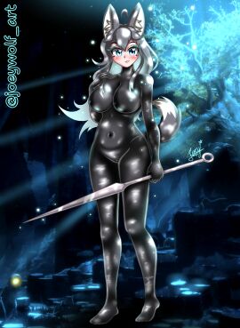 1girls big_breasts black_bodysuit black_suit blue_eyes bodysuit cosplay grey_fur grey_hair happy holding_weapon hollow_knight hollow_knight:_silksong hornet_(hollow_knight) hornet_(hollow_knight)_(cosplay) husky joey_wolf koda_(joey_wolf) light-skinned_female light_skin long_hair seductive_body seductive_look spear weapon white_skin wolf_ears wolf_girl wolf_tail
