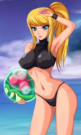 alien arm_up armpits ball_(object) bangs belly big_breasts bikini blonde_hair blue_eyes blush breasts casual_outfit_(metroid) cloud erect_nipples eyes female female_only hair highres holding impossible_clothes lipstick long_hair looking_at_viewer makeup metroid metroid_(creature) midriff navel nintendo nipples objectification ocean outdoors outside ponytail samus_aran scrunchie sigurdhosenfeld skin_tight sky smile sports_bikini standing super_metroid swept_bangs swimsuit thong toned turtleneck water wristband