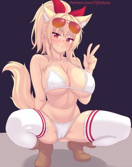 animal_ear_fluff animal_ears ankle_boots arm_behind_back bikini blonde_hair blush boots breasts brown_footwear cameltoe cat_ears cat_girl cat_tail cleavage closed_mouth commentary english_commentary eyewear_on_head female full_body highres long_hair looking_at_viewer navel nottytiffy original patreon_username ponytail pussy red_eyes simple_background smile squatting stomach sunglasses swimsuit tail thighhighs thighs tiffy tiffy_(nottytiffy) tiffynyaa underboob v white_bikini white_thighhighs