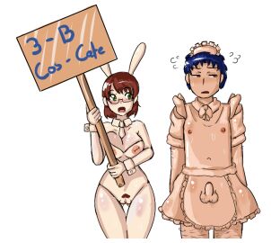 1boy 1girls bunny_costume bunny_ears bunny_girl female japanese_text maid_headdress maid_uniform male male_maid mixedkori nipples penis pussy simple_background skin-clothing_tf uncensored unusual_anatomy unusual_anatomy_placement unusual_genitalia_placement unusual_penis_placement unusual_pussy_placement what