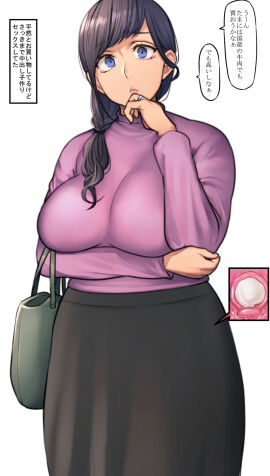 1girls 2021 absurd_res bag black_hair black_skirt blue_eyes breasts clothing cross_section cum cum_in_pussy cum_in_uterus cum_inside english_translation female female_only hair_over_shoulder hand_on_chin hand_on_elbow highres impregnation_risk japanese_text large_breasts light-skinned_female light_skin long_hair long_skirt mature_female milf notes_translation original pepe_(jonasan) pink_sweater ponytail pussy right_to_left ring shopping_bag simple_background skirt solo speech_bubble standing sweater text text_box tied_hair translated uterus wedding_ring white_background wide_hips