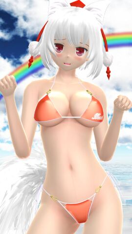 1girls 2023 3d beach belly_button bikini blush breasts cleavage clouds female hati_yukkuri_mmd kemonomimi light-skinned_female light_skin looking_at_viewer mmd momiji_inubashiri orange_bikini outdoors rainbow red_eyes short-haired_female sky solo_female solo_focus swimsuit tengu tokin_hat touhou water white-haired_female white_wolf youkai