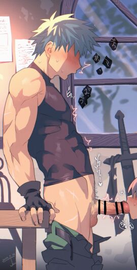 1boy 1girls balls bar_censor black_gloves blush censored clothes_pull clothing commentary_request dated erection faceless faceless_female faceless_male fellatio female fingerless_gloves from_side gloves green_pants grey_hair highres male male_focus male_pubic_hair muscular muscular_male open_mouth oral original pants pants_pull penis profile pubic_hair sagami_jon short_hair signature straight sweat sword table testicles unseen_female_face weapon window