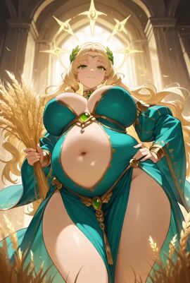 ai_generated belly_grab belly_rub big_belly big_breasts big_thighs chubby chubby_female civitai clothed demeter fiveai_(artist) goddess greek_mythology low-angle_view sound sound_effects tagme thick_thighs video