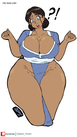 1girls ?! aged_up ass avatar_legends avatar_the_last_airbender barely_clothed big_breasts blue_eyes boob_window breasts brown_hair casual cleavage clothed dark-skinned_female dark_skin english_text female female_only groin huge_ass jwels katara legs_together loincloth milf no_bra no_underwear older_female open_mouth revealing_clothes sideass solo text thick_thighs thighs voluptuous water_tribe