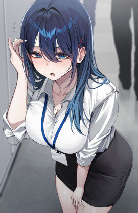 1girls absurd_res between_legs big_breasts black_skirt blue_hair blush breasts female hair_ornament hairclip hand_between_legs hi_res id_card kouhai-chan_(udon) lanyard long_sleeves looking_down office_lady open_mouth original pencil_skirt shirt skirt solo udon_(udonalium) white_shirt