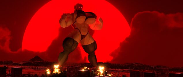 3d blender blonde_hair city city_destruction destruction explosion flexing giantess gigantic_breasts goolba huge_breasts hyper_muscles looking_down macro muscular muscular_female solo sophia_(pectoriah) thick_thighs