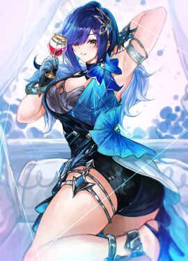 absurdres arm_up armpits ass big_breasts blue_dress blue_hair blush bob_cut bracelet breasts cleavage commentary cup dress drinking_glass female genshin_impact glass hair_between_eyes hair_ornament highres holding holding_cup hoyoverse large_breasts leg_lift mihoyo mihoyo_technology_(shanghai)_co._ltd. official_alternate_costume parted_lips short_hair sleeveless sleeveless_dress smile solo symbol-only_commentary thick_thighs thin_waist wine_glass yelan_(genshin_impact) yelan_(tranquil_banquet)_(genshin_impact) yuki_flourish