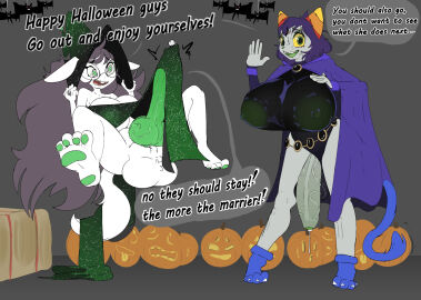 2futas alien alien_humanoid animal_genitalia animal_genitalia_on_humanoid balls big_breasts black-haired_female black_hair bottomless breasts canine_penis_on_humanoid cat_tail clothed clothing color colored colored_skin coltetbe cosplay dickgirl dog_ears dog_tail duo english_text erection feet female futa_focus futa_only futanari grey_skin halloween homestuck homestuck_troll horn horns huge_balls huge_cock humanoid hyper hyper_balls hyper_breasts hyper_penis intersex jade_harley long-haired_female long_ears long_hair nepeta_leijon partially_clothed paw paws penis sharp_ears tail toes troll
