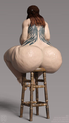1girls 3d ass ass_bigger_than_torso back_tattoo back_view big_ass brunette cellulite fat_ass female grimmspring high_heels high_heels_only huge_ass hyper_ass lard_ass large_ass massive_ass overflowing_ass overweight sitting stool stool_(chair) tattoo