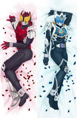2boys arm_up armor armored_male bat bedding bedding_background belt blue_armor blue_bedding bodypillow bodysuit chains dakimakura dakimakura_design dakimakura_pillow front_view heavy_armor kamen_rider kamen_rider_kiva kamen_rider_kiva_(series) kamen_rider_saga male male_focus male_only multiple_images multiple_poses on_back on_side petals red_armor red_bedding silver_armor source_request vampire