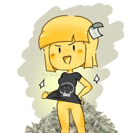 ella_rich_(dsand) english_text kenyka_(artist) money my_ghost_friend nude smile t-shirt text yellow_skin