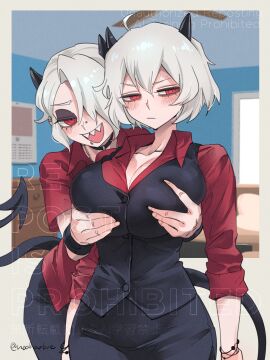 2demons 2girls breasts cleavage demon demon_girl demon_girls demon_horns demon_tail demons female fondling_breast fully_clothed helltaker incest large_breasts malina_(helltaker) noah_(tettsui-sole) noaharbre red_eyes sisters tagme white_hair yuri zdrada_(helltaker)
