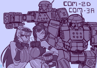 2024 2girls abdomen battlemech battletech bellybutton breast_squish breasts buttpants clothed_female commando_(battlemech) female helmet house_steiner inkeranon long_hair mech mechwarrior midriff monochrome navel no_panties panties pinup short_hair signature sketch tagme tomboy twins