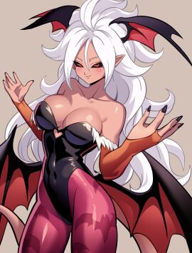 1girls android android_21 big_breasts breasts cosplay darkstalkers dragon_ball dragon_ball_fighterz female female_only head_wings large_breasts long_hair majin_android_21 morrigan_aensland_(cosplay) p_eacat peabean pink_skin red_eyes tail white_hair wings