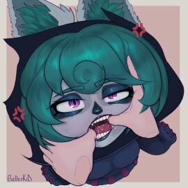 1boy 1girls 2024 2d 2d_(artwork) animal_ear_fluff animal_ears annoyed ballerkid black_nose clothed clothing colored_skin drool drooling eyelashes eyeshadow female female_focus finger_in_mouth fur furry furry_ears furry_female green_hair grey_body league_of_legends league_of_legends:_wild_rift light_skin long_sleeves looking_at_viewer looking_up male open_mouth pov pov_eye_contact purple_eyes riot_games saliva saliva_drip saliva_string short_hair shortstack smaller_female sweater teal_hair unseen_character unseen_male_face vex_(league_of_legends) yordle