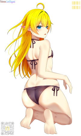 absurdres ahoge artist_name ass back bare_shoulders barefoot bikini black_bikini blonde_hair blue_eyes blush commission commissioner_upload elf female flat_chest from_behind full_body halterneck highres kneeling long_hair looking_at_viewer looking_back lori_hagami lotte_farona official_art open_mouth pointy_ears qr_code side-tie_bikini_bottom simple_background soles solo string_bikini striped_background swimsuit twitter_username ways_of_darkness_(series) white_background