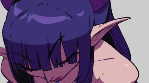 animated bare_shoulders blunt_bangs bouncing_breasts breasts clothes_pull female grin jewelry large_breasts lipstick long_hair makeup mole mole_on_breast necklace nipples original pointy_ears purple_hair shirt_pull smile solo speedoru tagme video