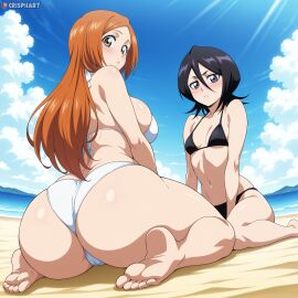 2d 2d_(artwork) 2girls absurd_res ai_assisted ai_generated ass beach big_breasts bikini bikini_bottom bikini_top black-haired_female black_hair bleach bleach:_the_thousand-year_blood_war breasts clothing crispiiart dat_ass female female/female female_focus female_only highres inoue_orihime kuchiki_rukia light-skinned_female light_skin looking_at_viewer looking_back ocean orange-haired_female orange_hair patreon patreon_link patreon_logo patreon_url patreon_username sitting upscaled watermark