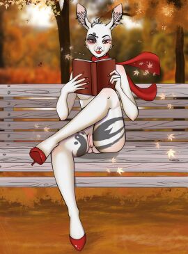 anthro araywo autumn bench blush breasts clothing colored_nails crossed_legs detailed_background digital_media_(artwork) ears_up exhibitionism female footwear footwear_only fur genitals hi_res inner_ear_fluff lagomorph leaf leporid lips lipstick looking_down makeup mammal mostly_nude multicolored_body multicolored_fur nails naked_footwear nude nude_anthro nude_female park pinup pose public public_nudity pussy rabbit reading red_eyes red_lips red_lipstick red_nails scar scarf shoes shoes_only sitting smile solo tuft two-tone_body two-tone_fur under_boob white_body white_fur