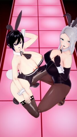 2girls akinama_family_(noir-black-shooter) big_breasts blue_eyes breasts bunny_ears bunnysuit dark_blue_hair female gilf huge_breasts koikatsu milf naoki_akinama_(noir-black-shooter) noir-black-shooter oc original original_character purple_eyes raiko_kashiwasaki_(noir-black-shooter) silver_hair
