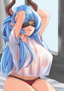 1girls blindfold blindfolded blue_hair eyebrows_visible_through_hair female female_only horns indoors kirimori kyo_nie_utsutsu light-skinned_female light_skin no_bra on_bed panties red_panties shirt solo t-shirt trillionstage virtual_youtuber