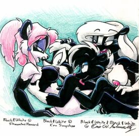 4_fingers abstract_background accessory anthro areola arm_support backward_arm_support bear bedroom_eyes between_breasts between_legs black_nose blue_eyeshadow bodily_fluids breasts colored_pencil_(artwork) eric_schwartz extinctioners eyebrow_through_hair eyebrows eyeshadow facial_markings female fingers foursome fur giant_panda gloves_(marking) group group_sex hair hair_accessory hair_ribbon hand_on_back hand_on_belly hand_on_head head_markings imminent_sex inner_ear_fluff licking licking_another lidded_eyes long_hair looking_at_another looking_at_partner looking_back looking_back_at_another looking_back_at_partner lying makeup male male/female mammal marker_(artwork) markings medium_breasts mephitid mixed_media motion_lines multicolored_body multicolored_fur narrowed_eyes nipples on_front pandora_lee pink_areola pink_hair pink_nose ponytail purple_eyeshadow raised_eyebrows reclining ribbons seductive sex short_hair side_boob side_view signature simple_background skunk stacey_skunkette stinken_(ken_singshow) sweat sweatdrop tongue tracey_tailor traditional_media_(artwork) translucent translucent_hair tuft two-tone_body white_hair