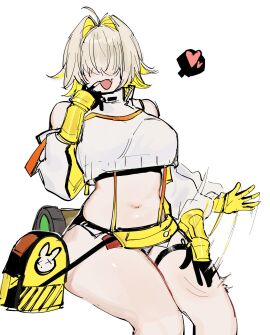 1girls bare_shoulders blonde_hair booty_shorts crop_top crop_top_overhang cute_fang elegg_(nikke) female gloves goddess_of_victory:_nikke hair_over_eyes heart multicolored_hair navel open_mouth plump short_hair short_shorts shorts simple_background sitting smile solo spoken_heart sports_bra suspenders thigh_strap thighs two-tone_hair white_background