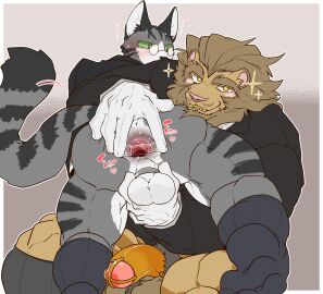 absurd_res anthro anus athletic backsack balls balls_grab balls_ring ballsack black_body black_clothing black_footwear black_fur black_socks blush bodily_fluids body_hair bottomless business_suit carrying_another carrying_partner censor_bar censored chastity_cage chastity_device clawlion clothed clothing domestic_cat duo eyewear felid feline felis footwear fur gaping gaping_anus genitals glasses gloves green_eyes grin hairy_balls handwear hi_res humanoid_genitalia humanoid_penis lion long_socks looking_back male male/male mammal multicolored_body on_shoulder pantherine penis pubes quads simple_background smile socks spread_anus spreading striped_body stripes suit sweat white_body white_clothing white_fur white_gloves white_handwear