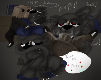 anthro areola ass bag_over_head balls belly_hair big_balls big_breasts big_butt big_penis blue_clothing blue_dress bodily_fluids body_hair breasts bubble clothing dark_areola dress duo faceless_character faceless_male fangs felid feline fellatio female fur genitals grey_body grey_fur grope heart_eyes heart_symbol hi_res human jaythefox333 long_tail male male/female mammal messy oral overweight pawpads penile penis petunia_(jaythefox333) presenting saliva scar sex slightly_chubby sloppy_blowjob snot snot_bubble spit_bubble suit tail teeth vein veiny_penis