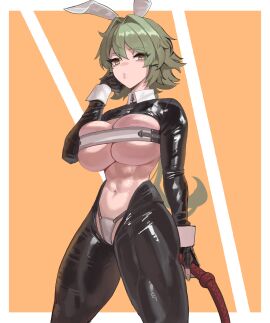 big_breasts breasts brown_eyes bunny_ears caesar_king female green_hair soldat tagme zenless_zone_zero