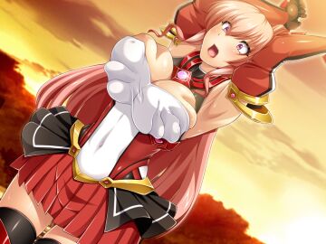 armor armpits arms_up black_gloves black_thighhighs blush breasts breasts_squeezed_together bursting_breasts cleavage covered_navel covered_nipples detached_sleeves dutch_angle exs-tia_chevalier exs-tia_chevalier_(exs-tia_2) female game_cg gem gloves hassen_(8cm) kouyoku_senki_exs-tia large_breasts large_variant_set long_hair miniskirt non-web_source official_art open_mouth outdoors pink_eyes pink_hair pleated_skirt purple_eyes rieszverne_suzette_paladill skindentation skirt solo sunset surprised sweat thighhighs vambraces variant_set very_long_hair zettai_ryouiki