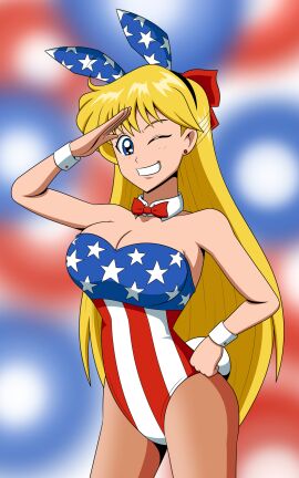 1girls alluring american_flag american_flag_print animal_ears big_breasts bishoujo_senshi_sailor_moon blonde_hair blue_eyes bow bowtie breasts cleavage female flag_print foreign_flag hairbow hand_on_own_hip high_res imightbemick leotard long_hair looking_at_viewer minako_aino one_eye_closed pantyhose playboy_bunny rabbit_ears salute smile solo wrist_cuffs