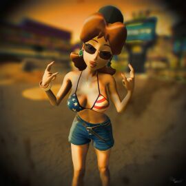 1girls 3d american_flag american_flag_bikini big_breasts bikini bikini_top bikini_top_only blue_eyes breasts brown_hair busty cleavage cosplay denim_shorts female female_only grand_theft_auto hi_res mario_(series) medium_hair mud_girl_(gta_vi) navel nintendo open_mouth princess princess_daisy red_lipstick smile solo sunglasses swimsuit tinted_eyewear tongue tongue_out virtualblueam2 voluptuous