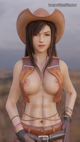 3d abs areolae athletic athletic_female big_breasts black_hair bracelet breasts cowboy_hat cowgirl cowgirl_hat cowgirl_outfit cropped_vest female female_focus female_only final_fantasy final_fantasy_vii hat long_hair miniskirt muscle_tone muscles navel neuromindmaster nipples red_eyes skirt sleeveless_vest tagme tifa_lockhart toned toned_female vest