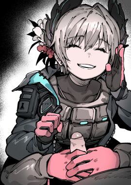 1boy 1girls 4_arms arknights assertive_female bird_girl closed_eyes clothed erection feather_hair female female_focus femdom foreskin gentle_femdom gloved_handjob gloves grey_hair handjob holding_penis karasu_chan karasu_raven male male_pov multi_arm multi_limb penis penis_grab pov pov_crotch raidian_(arknights) small_penis smile stroking stroking_cock stroking_penis two-handed_handjob uncensored uncircumcised