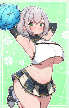 adapted_costume armpits arms_up blush braid breasts cheerleader commentary_request female french_braid green_background green_eyes grey_hair highres hololive hololive_fantasy hololive_japan kani_bonara large_breasts looking_at_viewer microskirt navel pleated_skirt pom_pom_(cheerleading) shirogane_noel shirogane_noel_(1st_costume) short_hair skirt smile solo stomach underboob virtual_youtuber