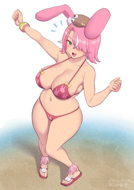 1girls 2024 allurmilk anklet artist_name artist_signature beach big_breasts bikini bikini_bottom bikini_top bottomwear bracelet breasts cleavage clothed clothing dancing eyelashes fang feet female female_only footwear front_view full_body green_eyes hair_over_one_eye half-closed_eyes hat headgear headwear high-angle_view large_breasts legs_together light-skinned_female light_skin looking_at_viewer medium_hair mostly_nude open_mouth open_smile original original_character outdoors outside pink_hair png rabbit_ears sandals shiny_hair shiny_skin simple_background skindentation smile smiling smiling_at_viewer solo thick_thighs topwear wide_hips zheng