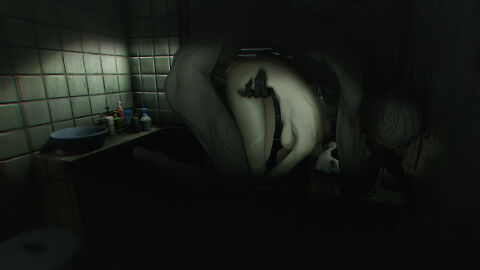 1boy 3d_background bathroom bent_over black_hair breasts completely_nude dark earrings erection eyeshadow faceless female ghost hand_on_another's_waist hanging_breasts head_on_table highres horror_(theme) host_(obj_shep) indoors jewelry kneeling makeup male medium_breasts monster non-web_source nude obj_shep original sex size_difference straight stud_earrings teeth tile_wall tiles