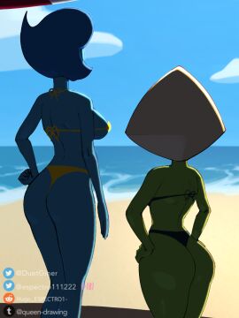 alien alien_girl ass beach big_ass big_breasts big_butt bikini bikini_bottom bikini_top blonde_female blonde_hair blue_body blue_skin breasts cartoon_network fat_ass female gem_(species) green_body green_skin hand_on_hip huge_ass lapis_lazuli_(gem) lapis_lazuli_(steven_universe) peridot_(gem) peridot_(steven_universe) pose small_breasts smaller_female steven_universe tall_female taller_female u/hugo_espectro1- yellow_bikini yellow_hair