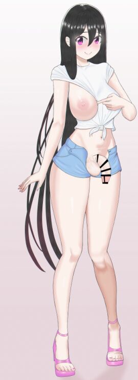 1futa areolae balls big_breasts black_hair breasts censored censored_penis clothed clothed_futa clothes_lift clothing cute dick dickgirl female flaccid flaccid_penis futa_only futanari high_heels human intersex inviting_to_sex jean_shorts light-skinned_female light-skinned_futa light_skin long_hair medium_breasts medium_penis mostly_clothed nipples original pale-skinned_female pale-skinned_futa pale_skin partially_nude peeking_nipple peeking_penis penis penis_out penis_under_clothes pink_eyes solo solo_futa standing testicles thick_thighs wide_hips yagamiputo