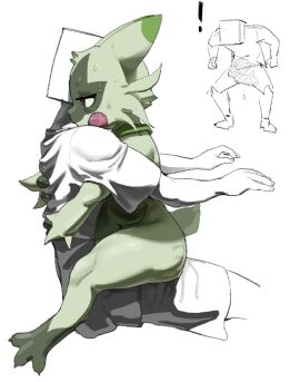 anthro biped bodily_fluids duo exclamation_point feet female fingers floragato fur generation_9_pokemon genital_fluids green_body green_fur hi_res humanoid looking_down male multicolored_body nintendo on_lap pink_body pokemon pokemon_(species) pupils pussy red_eyes side_view simple_background sitting sitting_on_lap skeleton265 spread_toes sweat toes vaginal_fluids white_background