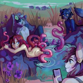 1:1 absurd_res alyx_(alyxalyx) anthro antlers ass blue_body blue_eyes blue_fur building canid canine cellphone cloud collaboration dante_(danteaffinityxd) deer detailed_background digital_media_(artwork) dil_(skarine) domestic_cat ear_piercing electronics eyelashes felid feline felis female flower fur grass group hair hi_res holding_cellphone holding_object holding_phone holding_smartphone horn house humanoid keigun krokoduka litchi666 male mammal nude one_eye_closed open_mouth outside partially_submerged phone piercing plant pond red_eyes red_hair rock sex shaded sky smartphone tail tailed_humanoid tentacle tentacle_sex tongue tongue_out trans_woman transfem water