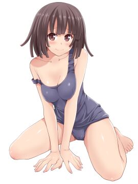 amane_hasuhito bare_arms bare_legs bare_shoulders bare_thighs barefoot blush breasts breasts_between_arms brown_eyes brown_hair cleavage closed_mouth collarbone feet female medium_breasts medium_hair monogatari_(series) one-piece_swimsuit school_swimsuit sengoku_nadeko shiny_skin sitting strap_slip swimsuit thighs toes wariza