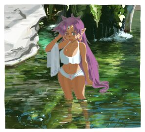 1girls ;o bare_shoulders blue_eyes breasts chzzei cleavage crop_top dark-skinned_female dark_skin female hair_down highres long_hair medium_breasts one_eye_closed panties pointy_ears purple_hair shantae shantae_(character) sleeveless underwear very_long_hair water