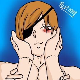 1boy 1girls blue_background blush color colored dyed_hair eyepatch holding_cheek itadori_yuuji kugisaki_nobara nobara_kugisaki yuji_itadori